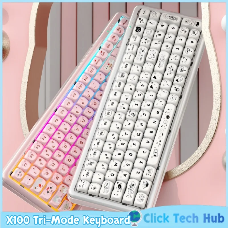Maorbeng X100 Tri-Mode Keyboard Bluetooth Wired 2.4g 100 Key Cute Cat Cartoon Theme Keyboard Mute Quiet Office Keyboard Girl