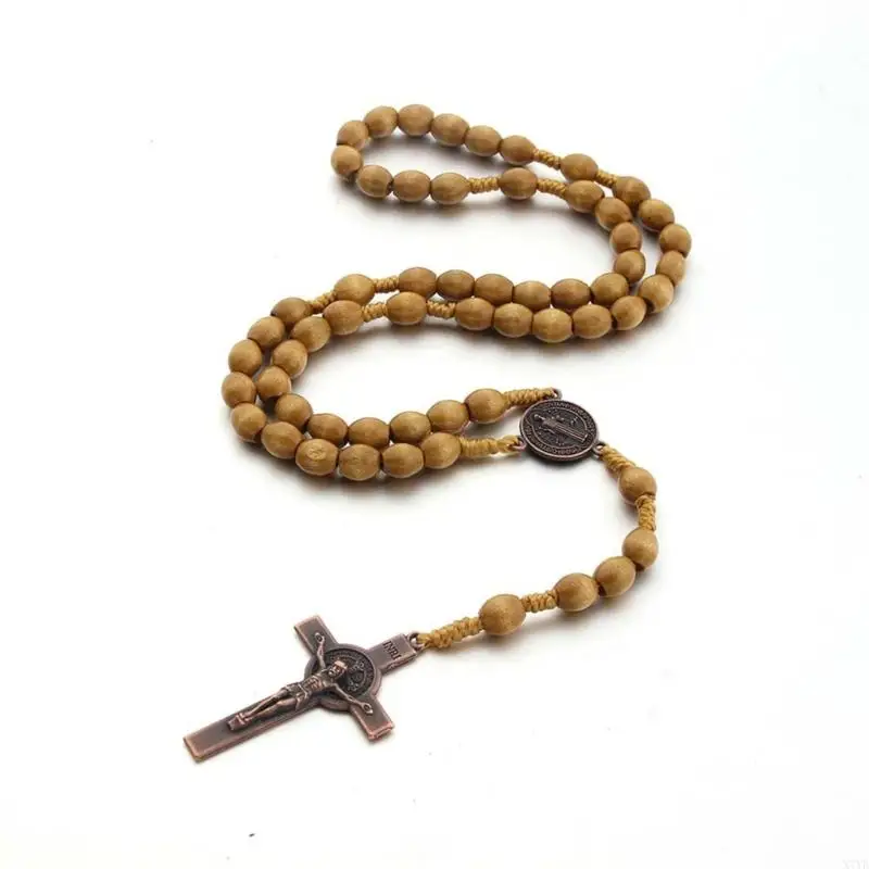 X7YD Hand-made Wooden Rosary Necklaces Catholic Pendant Necklaces for Men Women Jewelry Christian Prayer Religious Gift