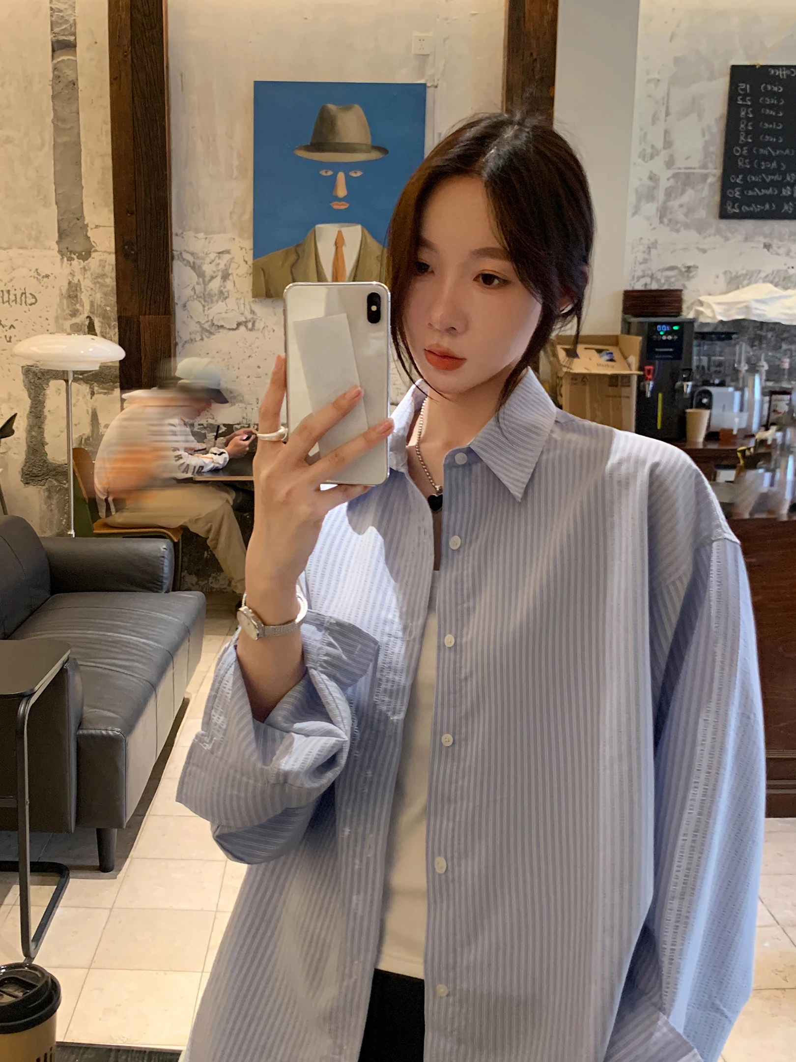 

Синяя полосатая рубашка-туника свободного кроя для женщин, пляжная одежда, приятная к коже, дышащая, с длинными рукавами, на пуговицах, для подростков