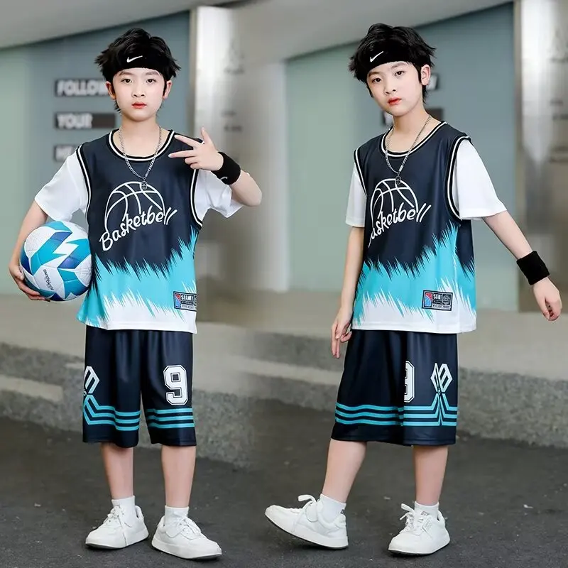 Children's clothing suit quick-drying sweat-absorbent boys girls Basketball Jerseys Fake two-piece uniform kit primary school tr