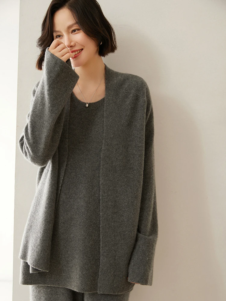 Women Warm Soft Cardigan Autumn Winter Temperament Long Sleeves 100% Cashmere Sweater Casual Loose Solid Korean Style Tops