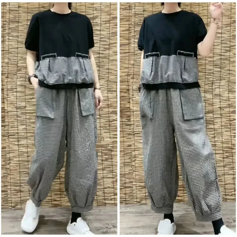 2024 Summer Female New Korean Fashion Splicing Checker Set Damski dwuczęściowy zestaw z bawełny i lnu Harun Pants