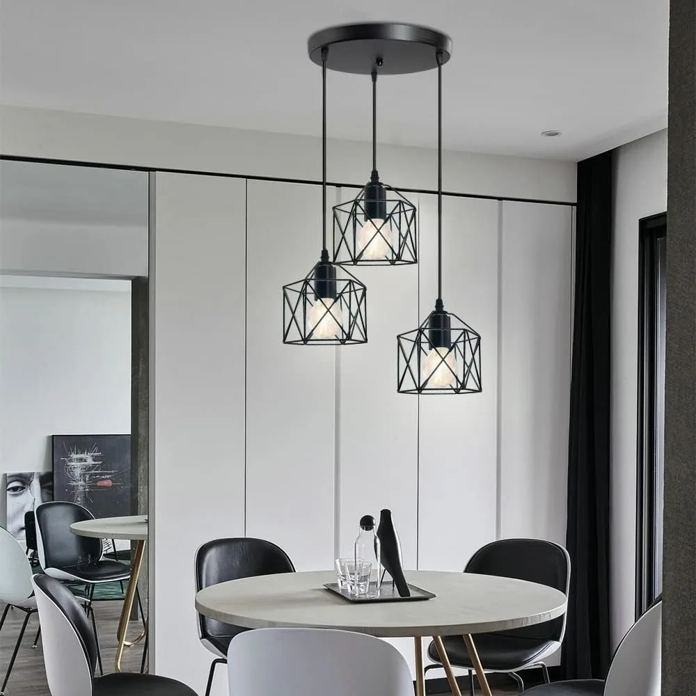 JOYINLED Vintage 3-Licht Pendelleuchte Industrielle Deckenbeleuchtung E27 Schwarze Hängelampe für Esszimmer Flur E27 – Detail 5