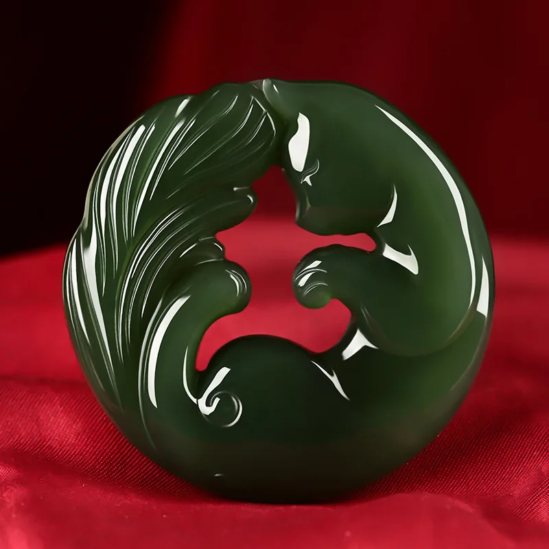 

Fine Jewelry Natural Hetian Nephrite Jade Lake Green Nine Tailed Fox Pendant for Men and Women