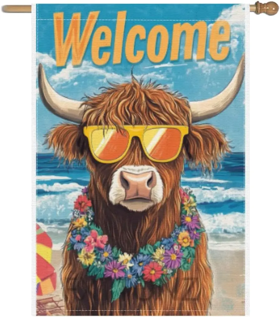 Hello Summer Highland Cow Garden Flag 28x40 Double Sided Hawaii Tropical Beach Holiday Ocean Sea Yard Small Banner for Seaso GGX