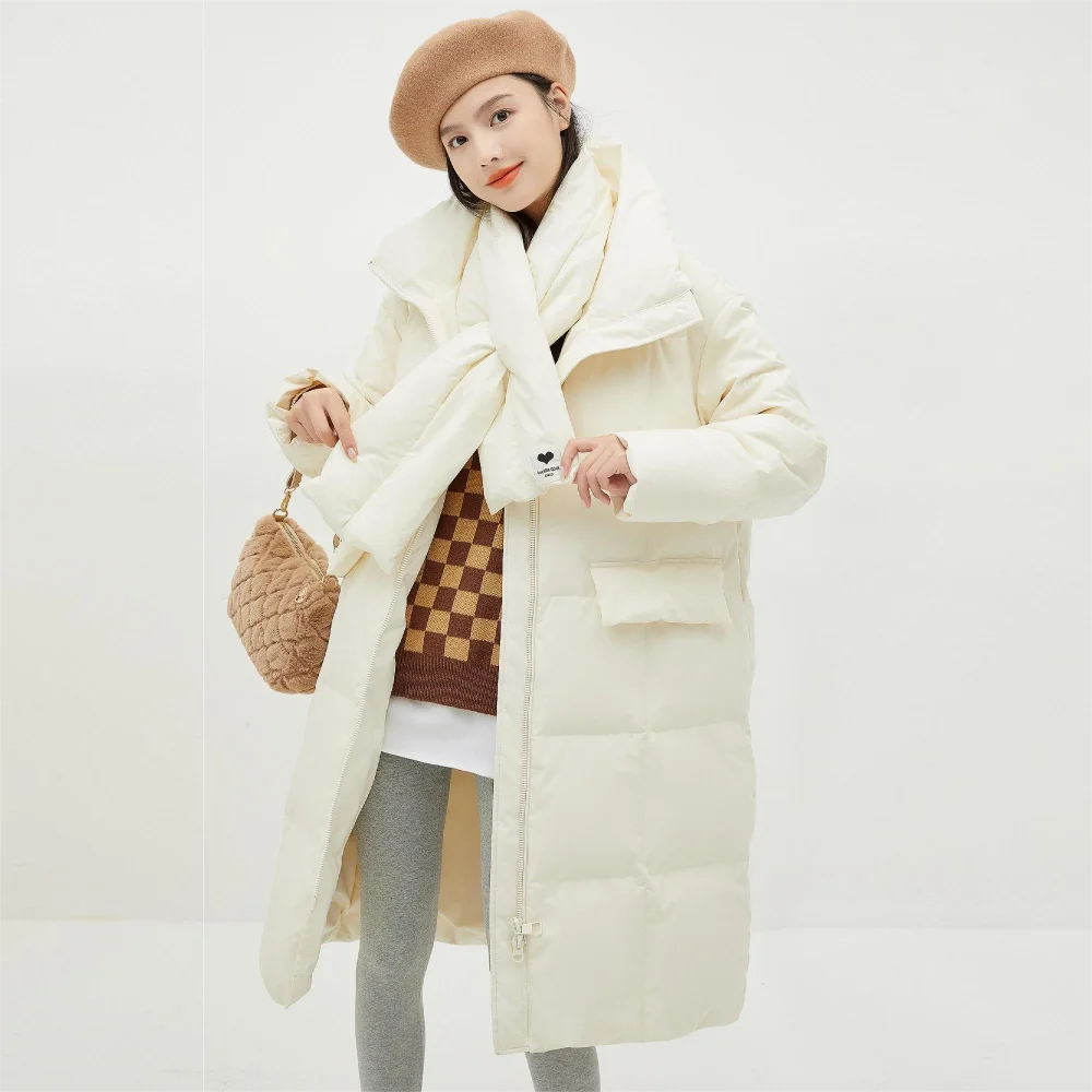 YAYA 2022 Women's Winter Duck Down Jacket Thick Loose Long Short Warm Scarf Style Overcoat Hooded Windbreak Padded Outerwear