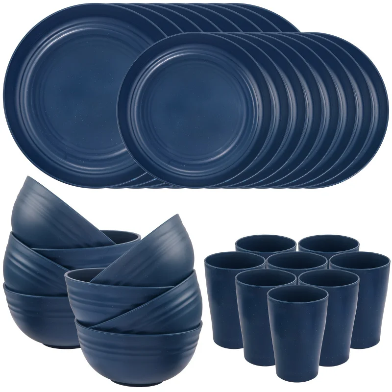 Wheat Straw Tableware Suit，Microwave Oven Dishwasher Safe，Blue Plastic Tableware 16 a Plate，8 Bowl，8 Cup