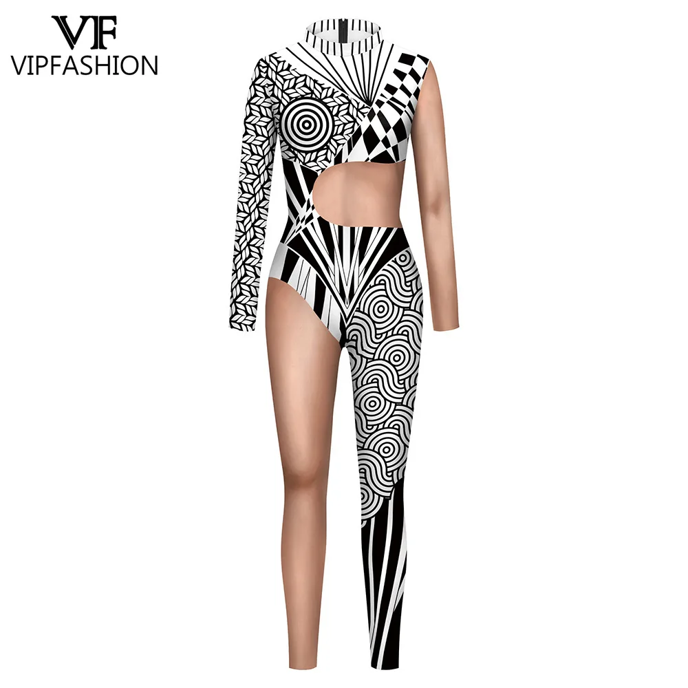 

VIP FASHION Women 3D Art Printed Bodysuit Carnival Festival Costume Sexy Zentai Catsuit 8% Spandex Long Sleeved Party Outfit