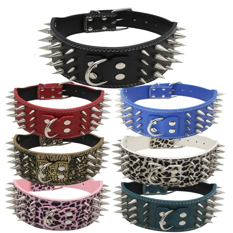 Spot Domineering Spiked Nail Collar PU Dog Ring Four Rows of Spiked Nails Anti-bite Dog Supplies Wholesale Pet Collars