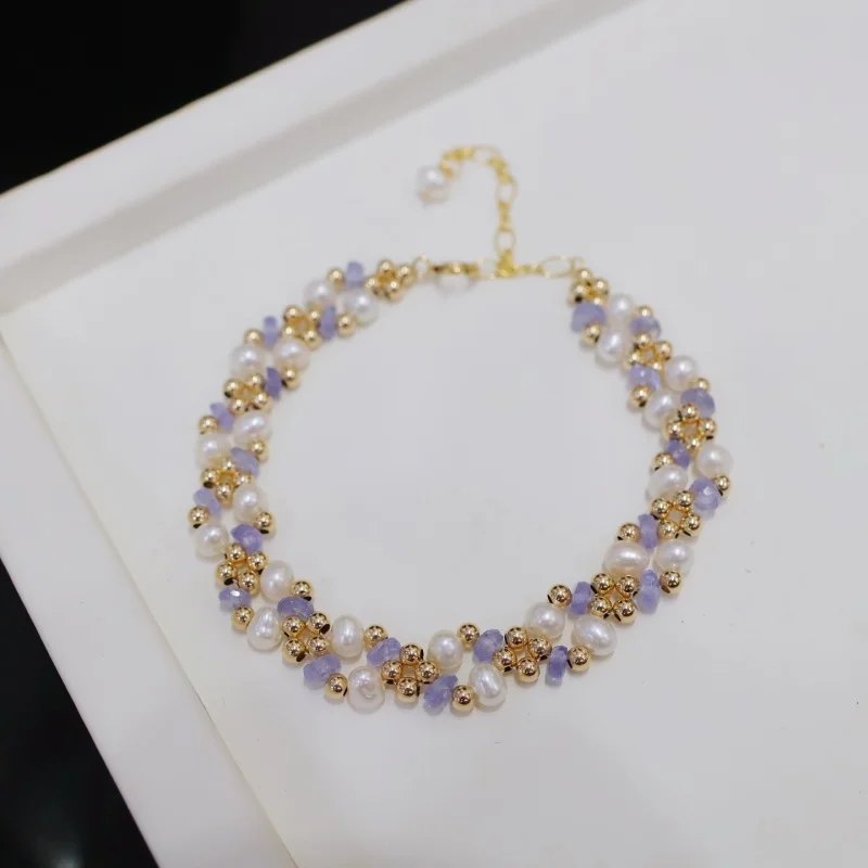 

SGARIT Fine Jewelry 14k Filled Gold Bracelets Bangle Natural Fresh Water Pearl Tanzanite Beaded Bracelets for Women
