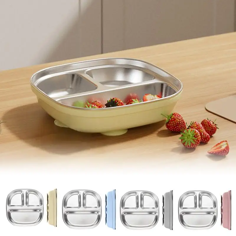 

Toddler Divided Plates Metal Kids Plates With Dividers Non-Slip Stainless Steel Dinnerware With Suction Cup Dishwasher Safe Bowl