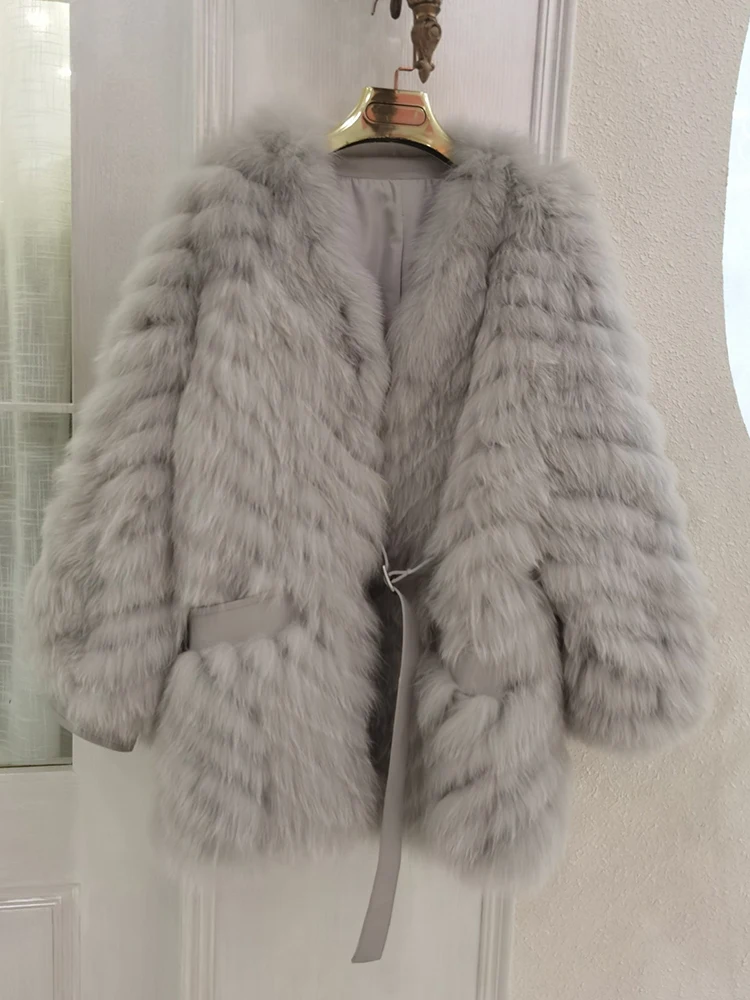 Women Thick Grey Coffee Camel Real Fox Fur Strip Sewed Toghter Oversize Loose Winter Long Real Fox Fur Overcoat