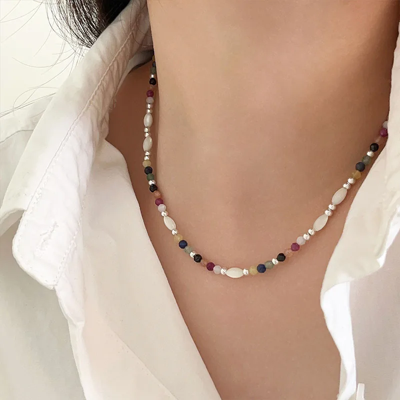 S925 Sterling Silver Japanese Korean Shell Colorful Stone Beaded Rainbow Collar Chain Original Design DIY Versatile Necklace