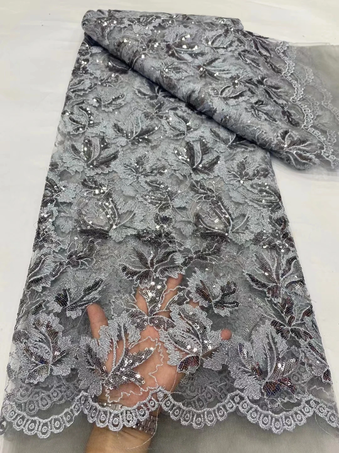 

NDPN298 Color Gray African net lace fabric with sequins,nice looking embroidered French tulle lace for party & wedding dress