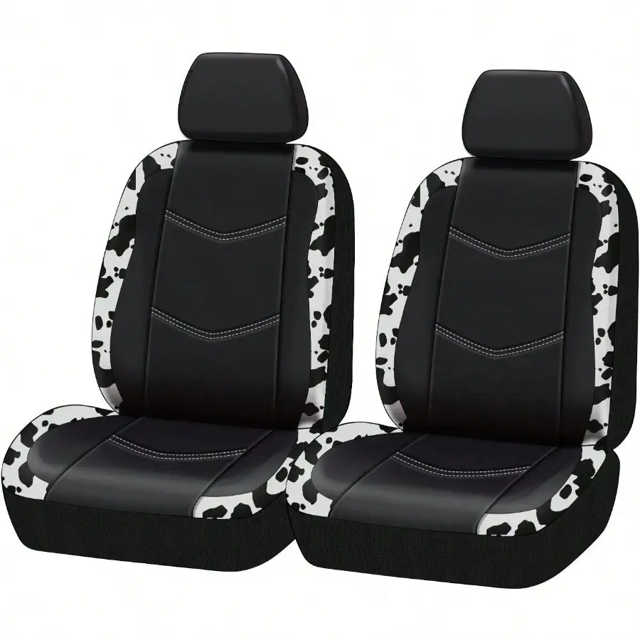 

Universal Black and White Cowhide Faux Leather Car Seat and Headrest Covers, Set of 2
