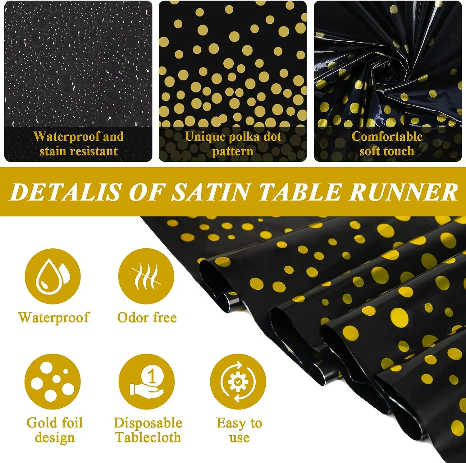 4PcsTable Cloth Cover Disposable, Black Gold Tablecloth Rectangle Tables, Birthday Wedding Party Supplies Decorations