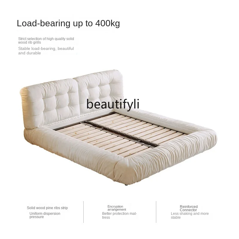 HJ Cloud Bed Simple Faux Leather Double Bed Light Luxury Master Bedroom Cream Style Fabric Bed