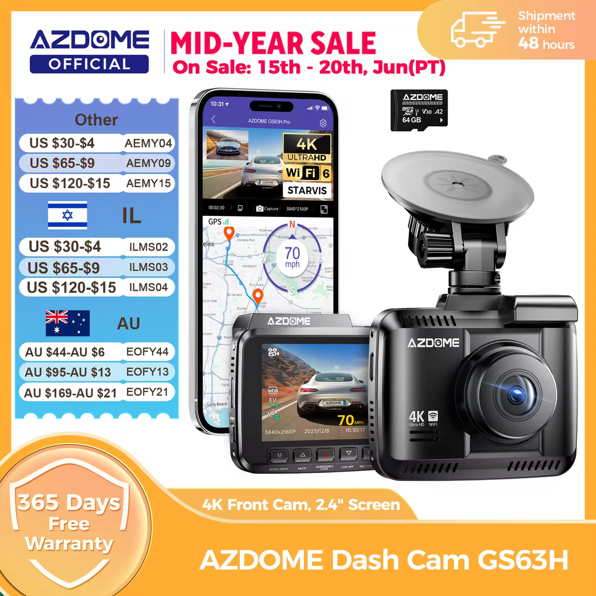 מצלמת רכב AZDOME Dash Cam GS63H 4K עם GPS מובנה, Wi-Fi, מסך Starvis 2.4 אינץ', ראיית לילה WDR, מצלמת רכב DVR וחניה