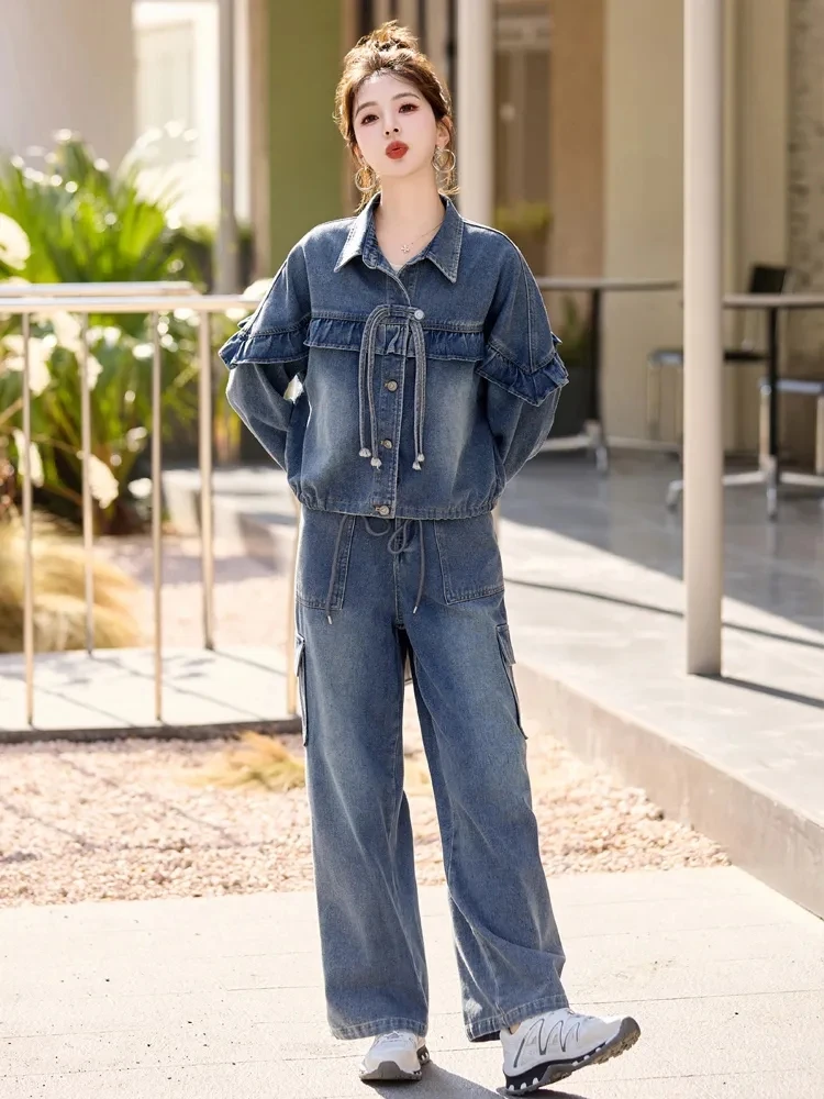 

Women Vintage Jeans Two Piece Set 2024 Spring Autumn New Female Cowboy Jacket+Wide Leg Pants Denim Suit Large Size 2 Piece Sets