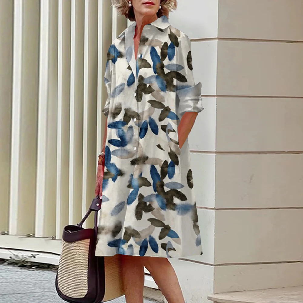 Summer Purchase Watercolor Print Long-sleeve Dress Casual Breathable Bingle-Breasted Shirt Dress Summer Women 2024 Brand New