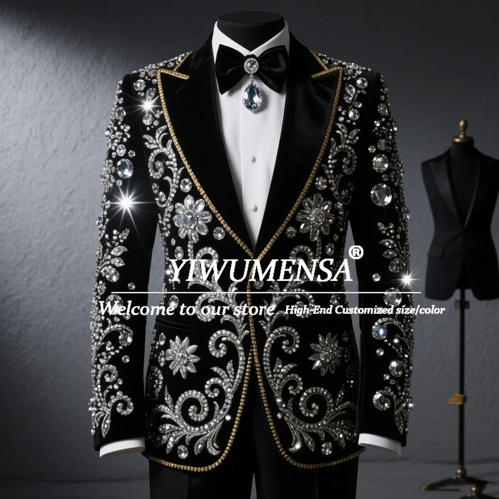 

Metallic Jewelry Stones Ornament Suits Men For Wedding 2 Pieces Sets Single Breasted Prom Blazer Customized Groom Wedding Tuxedo