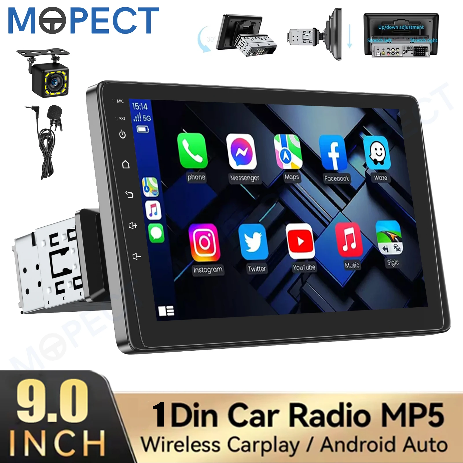 Autoradio MOPECT 9 pouces, écran tactile 1 Din, CarPlay sans fil, lecteur multimédia MP5, radio FM, écran rotatif + micro et caméra