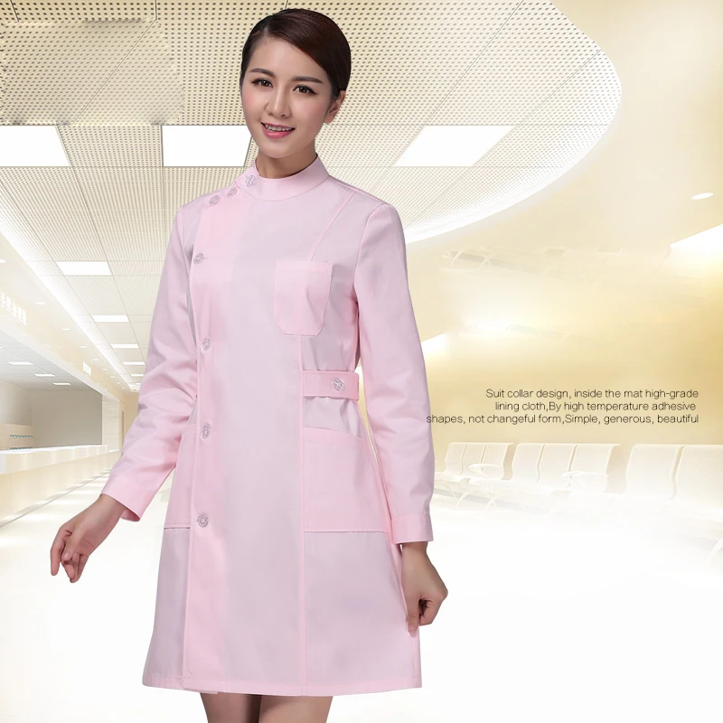 Hospital Long Sleeve Doctor Coat Female Custom Logo Printing Nurse Clothing Pharmacy White Blue Pink Medical Shirt Dress