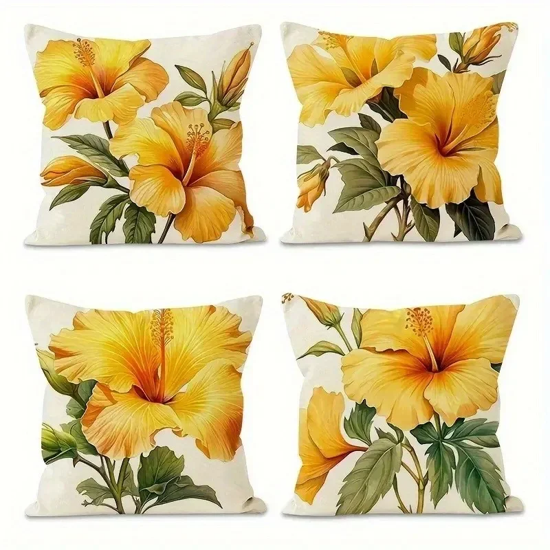 Yellow Hibiscus Floral Pillowcase ,Sofa bedroom cushion cover, single-sided printing, without pillow core