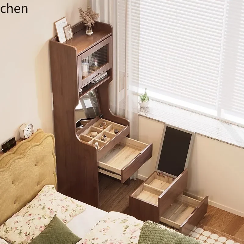 HYS solid wood dressing table, small bedside table flip-top makeup table cabinet, integrated desk and bookshelf
