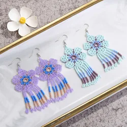 1 Pair Of Fashionable Colorful Flower Rice Bead Long Tassel Earrings With Bohemian Style For Women's Temperament Earrings