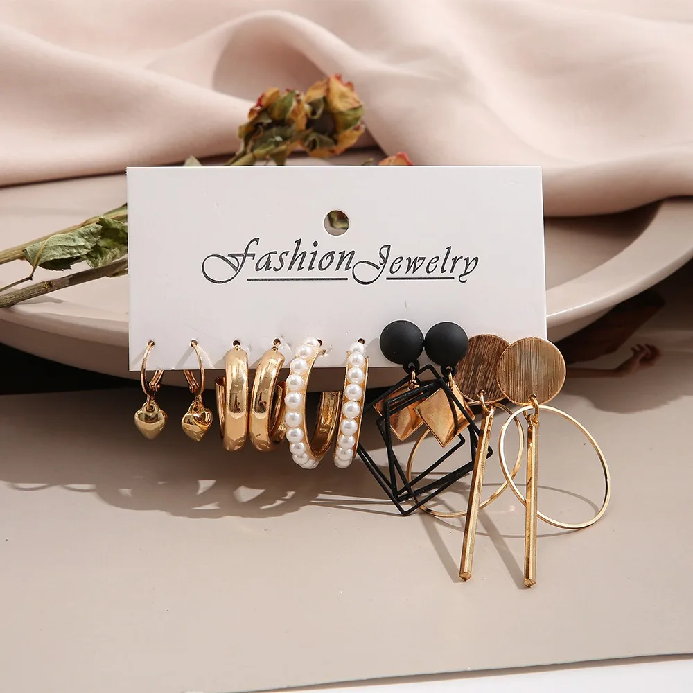 12pcs Set Geometric Circle Acrylic Long Tassel Drop Dangle Earrings for Women Charm Fashion Party Crystal Stud Earrings Jewelry