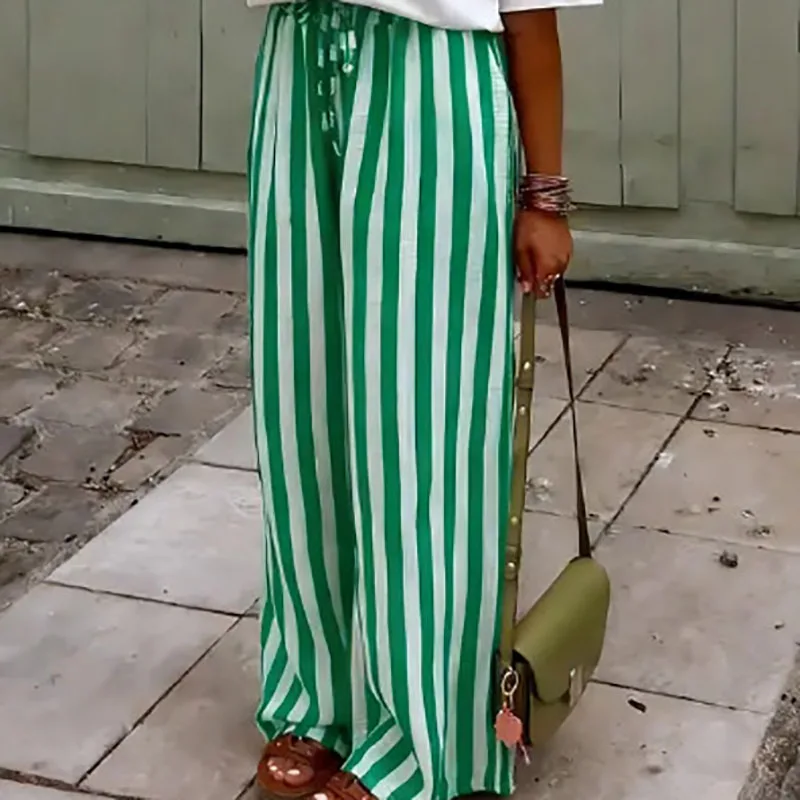 Fashion Contrast Striped Print Loose Women's Pants Spring High Waist Tie-up Wide Leg Trousers Summer Streetwear Bottoms Harajuku
