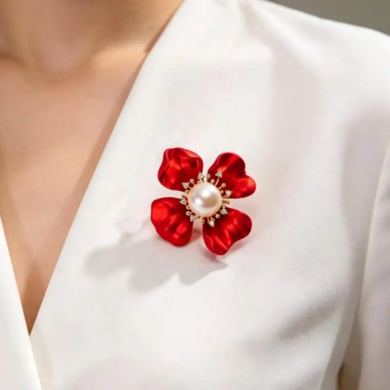 Wunderschöne Blumenbroschen für Damen, rote Emaille, Perlen, Blumen, Pflanzen, Party, Büro, Brosche, Anstecknadel, Geschenke – Detail 8
