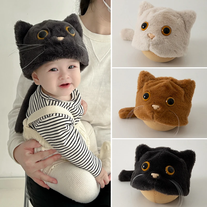 

Мягкая детская зимняя шапка с милым мультяшным котом, детская шапка-бини с хвостом, теплая детская шапка, детская шапка, утепленная шапка для маленьких девочек и мальчиков, От 6 до 24 месяцев