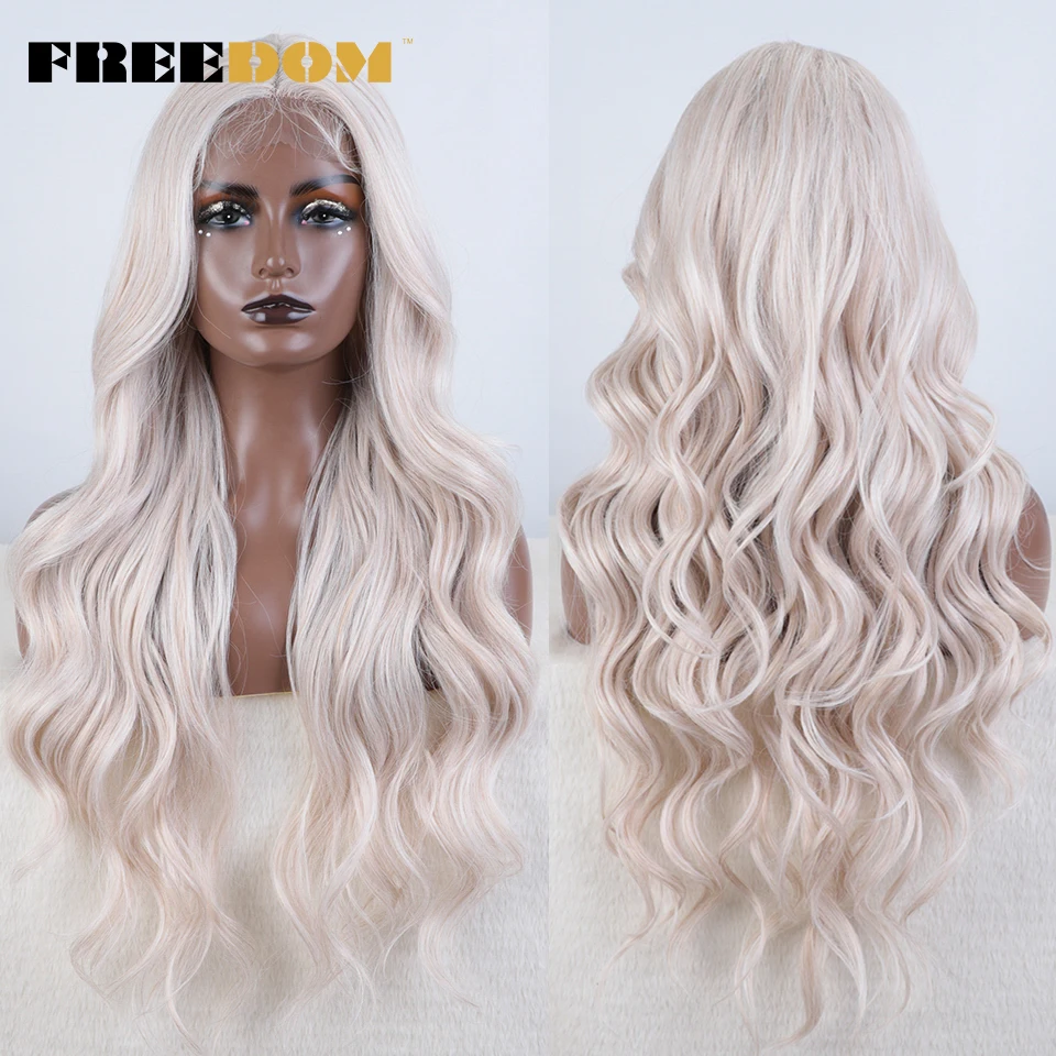 FREEDOM Synthetic Lace Front Wigs For Women 28 inches Body Wave Ombre Brown Highlight White Lace Wig With Baby Hair Cosplay Wig