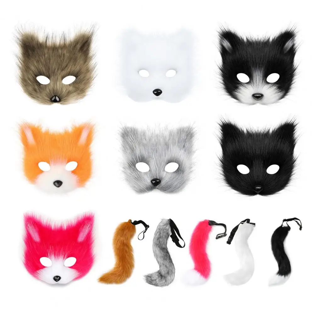 Plush Fox Cosplay Mask, Fluffy Fox Tail, Cosplay Costumes Props, Fuzzy Fox Mask for Costume Party Anime Convention
