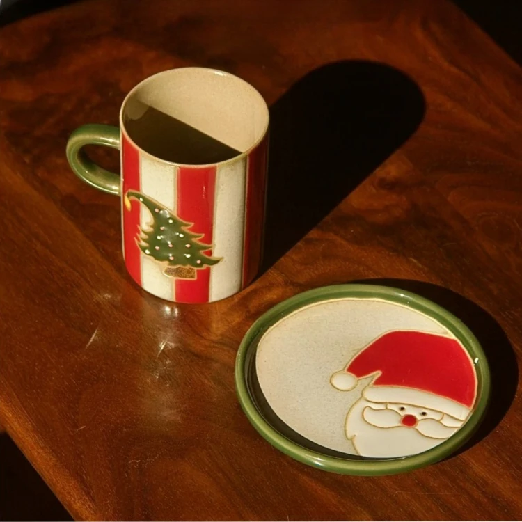 Christmas tree ceramic cup and plate set, retro red and white vertical striped mug, holiday home coffee cup, Christmas gift cup