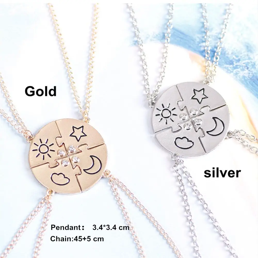 4 Piece Set Fashion Men Women Jewelry Inlaid Rhinestone Friendship Necklace Sun Moon Cloud Star Best Friend BFF Pendant