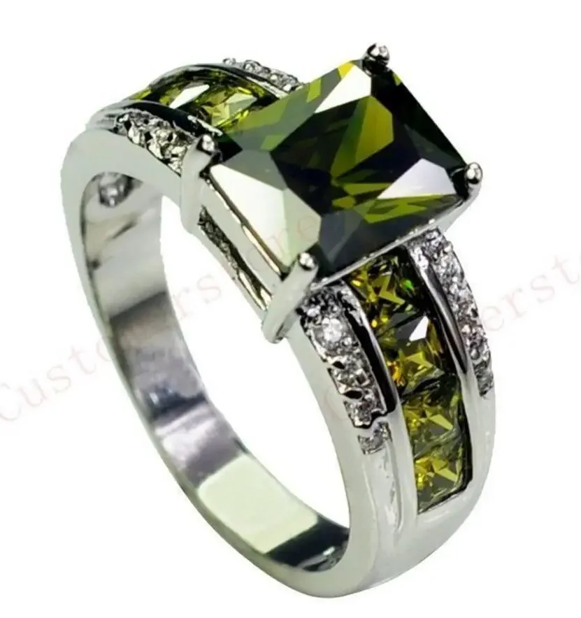 

Fashion Silver Plated Olive Green Crystal Inlay Zircon ring size 7.8.9.10