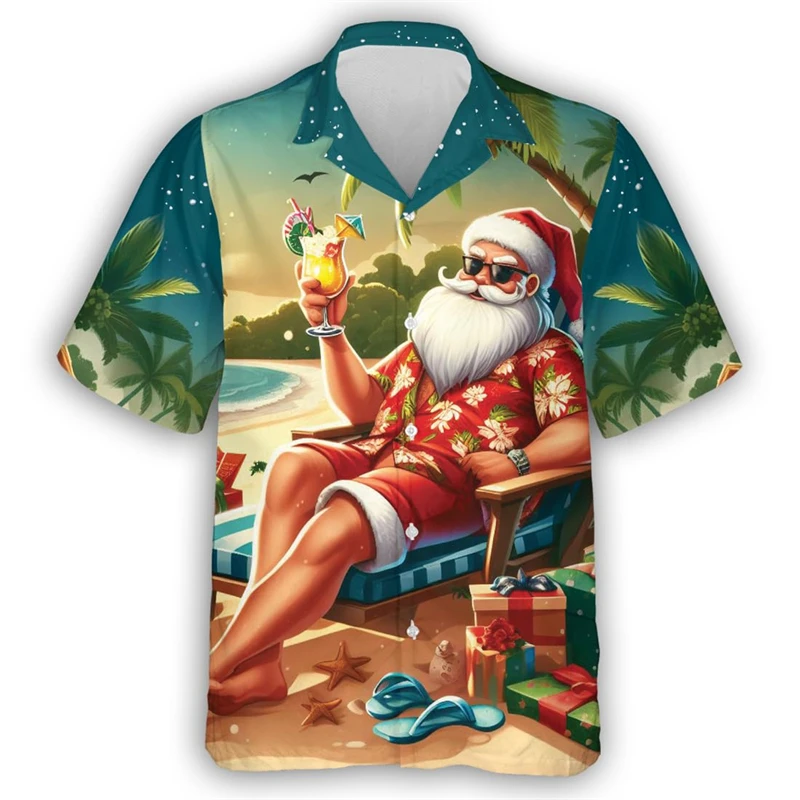 

2024 Fashionable Santa Claus 3D Printed Short Sleeve Shirt Fun Men's Santa Claus Beach Shirt Hawaii Christmas Gift Button Top3XL