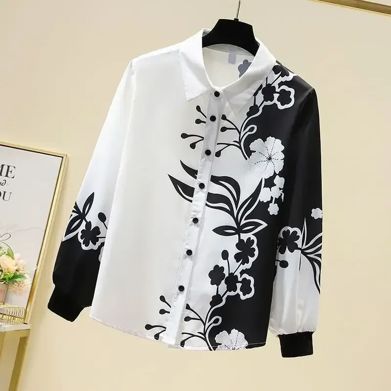 Blus Wanita lengan panjang, pakaian wanita elegan Vintage, Atasan kemeja mode longgar leher Polo lengan panjang bermotif, blus sifon baru musim semi X799