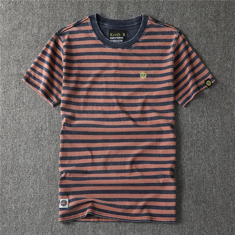 Summer New American Retro Short Sleeve O-neck Striped T-shirt Men\'s Fashion Simple 100% Cotton Washed Old Casual Slim Youth Tops