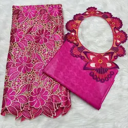 2024 High Quality 2.5yards Bazin Riche Brocade Fabric +2.5 Yards African Cotton Lace Fabric with Collar Set for Dress M4-1212-1