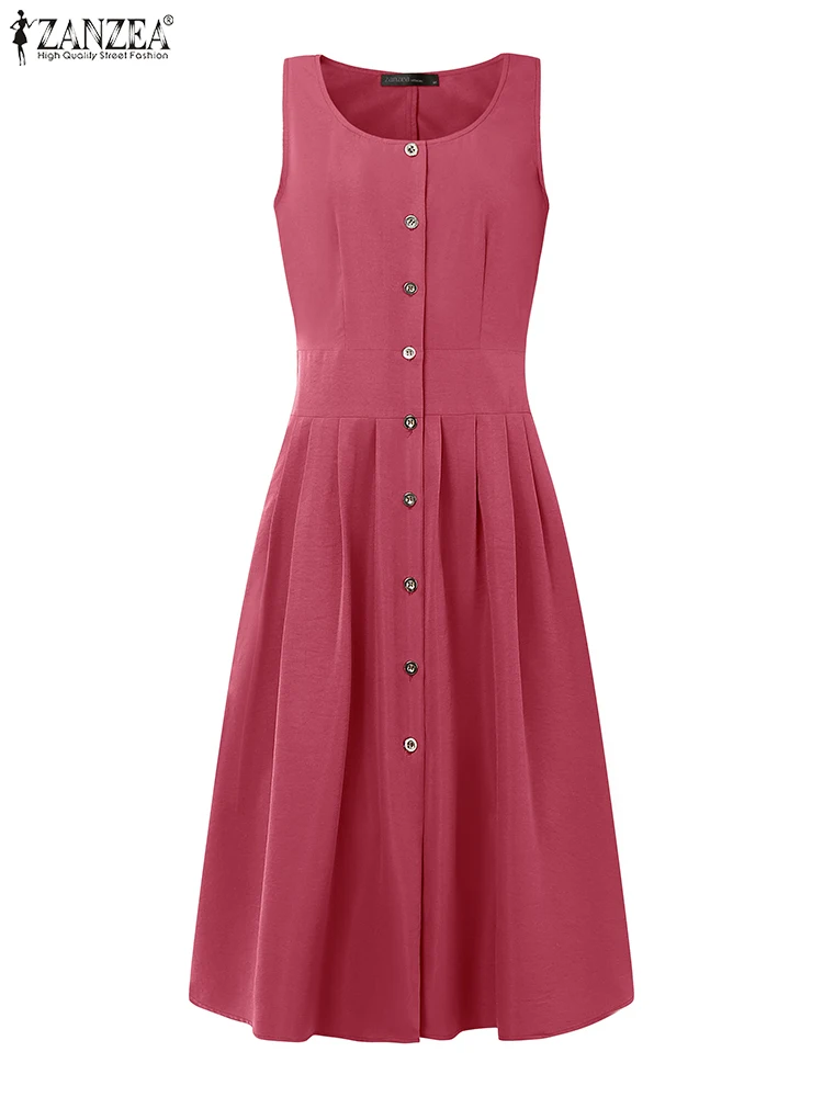 ZANZEA 2025 ฤดูร้อนทํางาน Midi ชุดเดรสผู้หญิงแฟชั่น U คอ Sundress วันหยุด Vestidos Casual ปุ่ม Robe