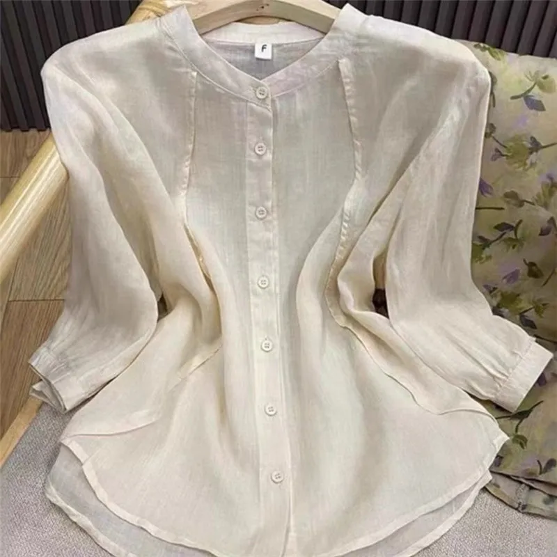 

Vintage Literary Ramie Apricot Blouse Women Chinese Style Single Breasted Loose Tops Three Quarter Sleeve Womens Shirt