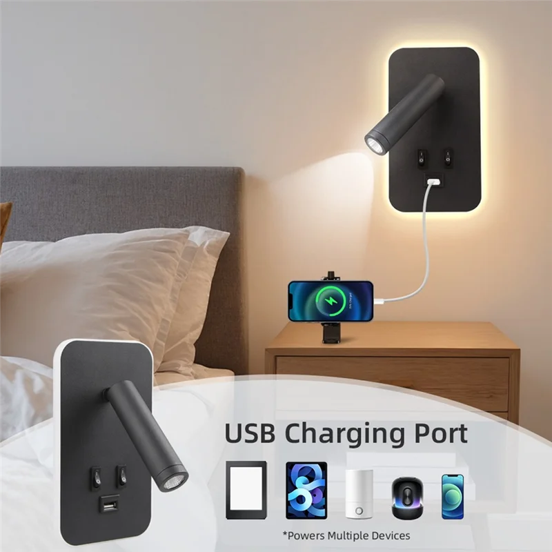 ABKO-مصباح حائط بجانب السرير مع مفتاح USB ومنفذ مثبت على الحائط وأضواء كشاف LED وخزانة إضاءة جدارية