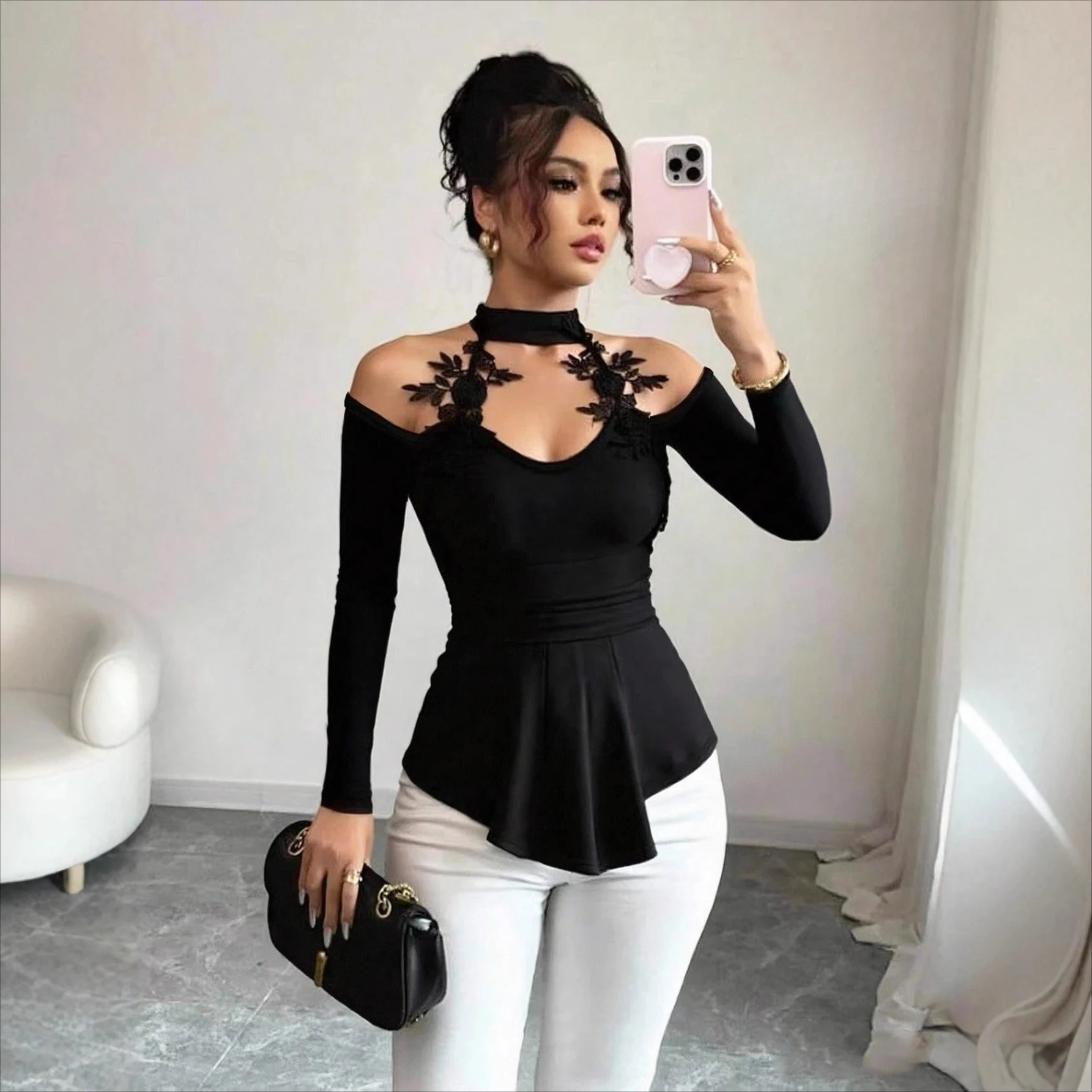 

2025 Autumn Spring New Hollow Out Off Shoulder Sexy T Shirt with Applique Ruffles Curved Hem Slim Fit Stretchy Top Long Sleeve