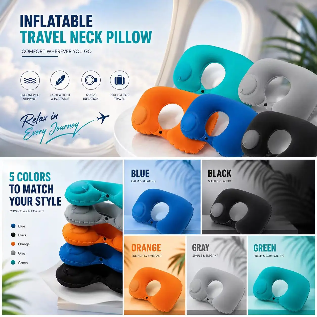 5 Colors Press Inflatable Pillow Foldable Portable Air Pillow For Travel Camping Office Rest