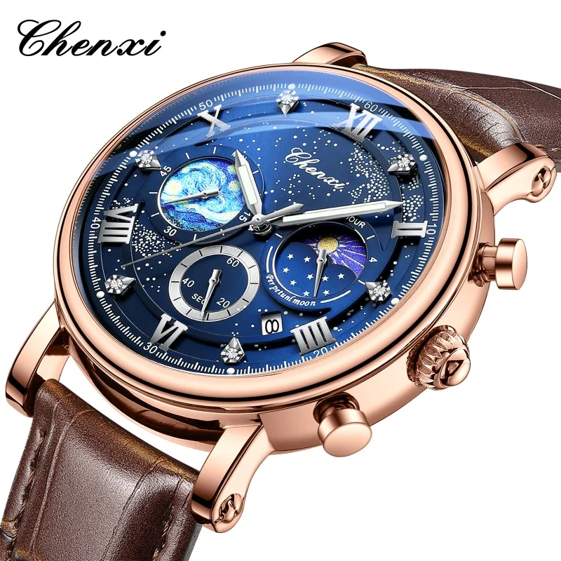 CHENXI 972 Men's Quartz Watch Moon Phase Chronograph Calendar Luminous Waterproof Leather Strap Luxury Business Watches for Men