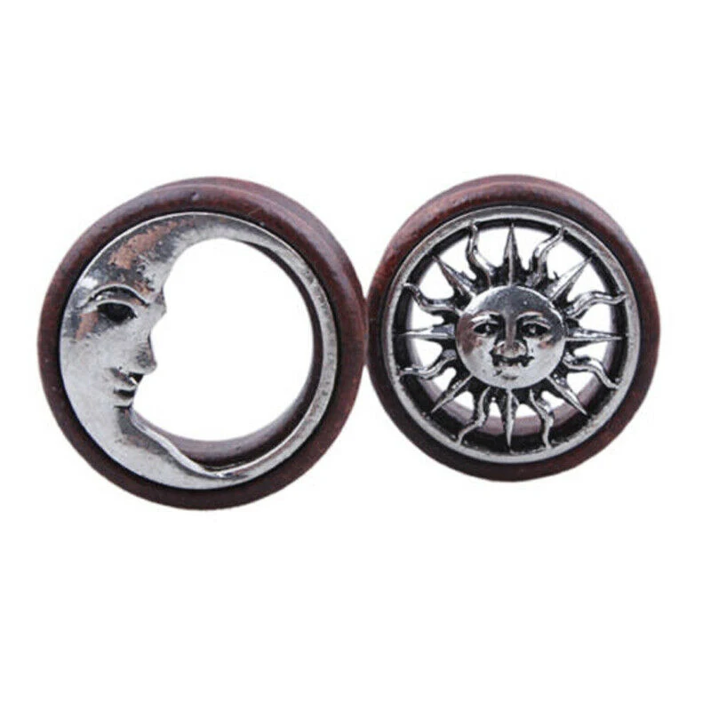 2PCS Wood Ear Plugs Moon And Sun Gauges Earrings Women Men Flesh Tunnel Expander Piericing Stretcher Body Piercing Jewelry